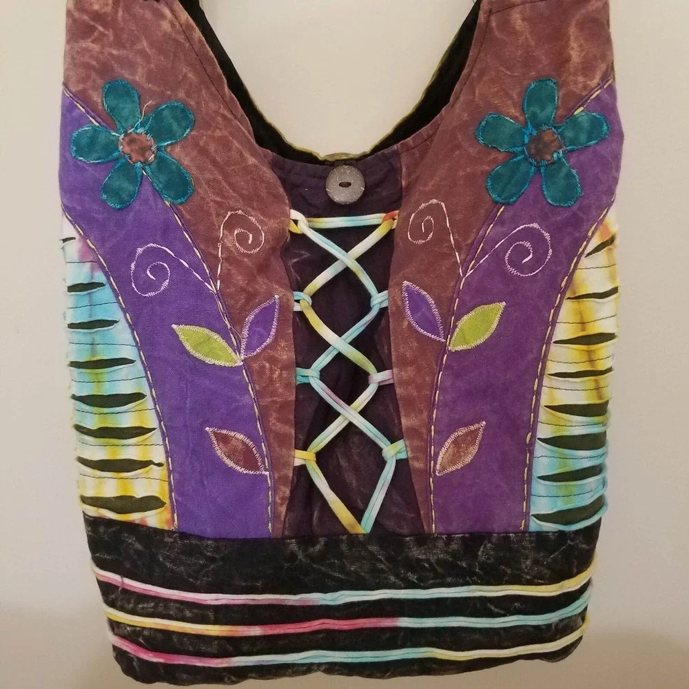 KPC Boho Hippie‎ Hobo Bag Crossbody Flowers Peace Symbol Whimsigoth Pockets